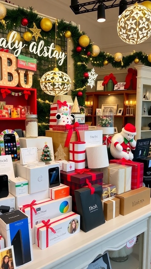 Holiday Gift Guide 2025 A festive arrangement of holiday gifts including tech gadgets and home essentials with decorations.